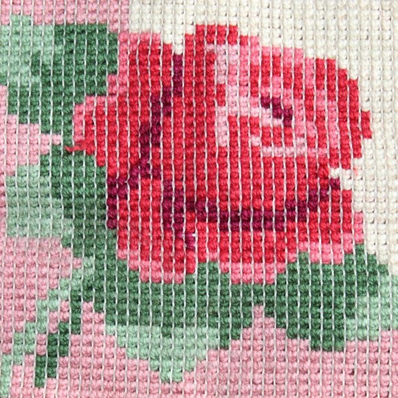 Vintage Latch Hook Rug Pink Green Rose 12" x 12" Finish as Pillow or Wall Decor - Picture 6 of 7